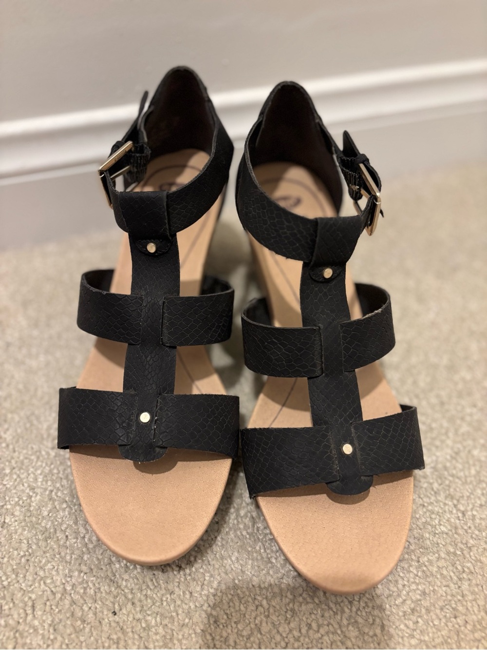 Dr. Scholl's Black Snake-Embossed Gladiator Wedge Sandals